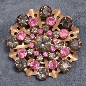 Vintage Pink & Gray Rhinestone Brooch Large Openwork Pin